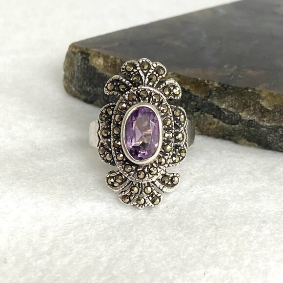 Sterling Silver 925 HAN Thai Oval Amethyst 1" Large Marcasite Ring Sz 6.25 - Picture 16 of 16